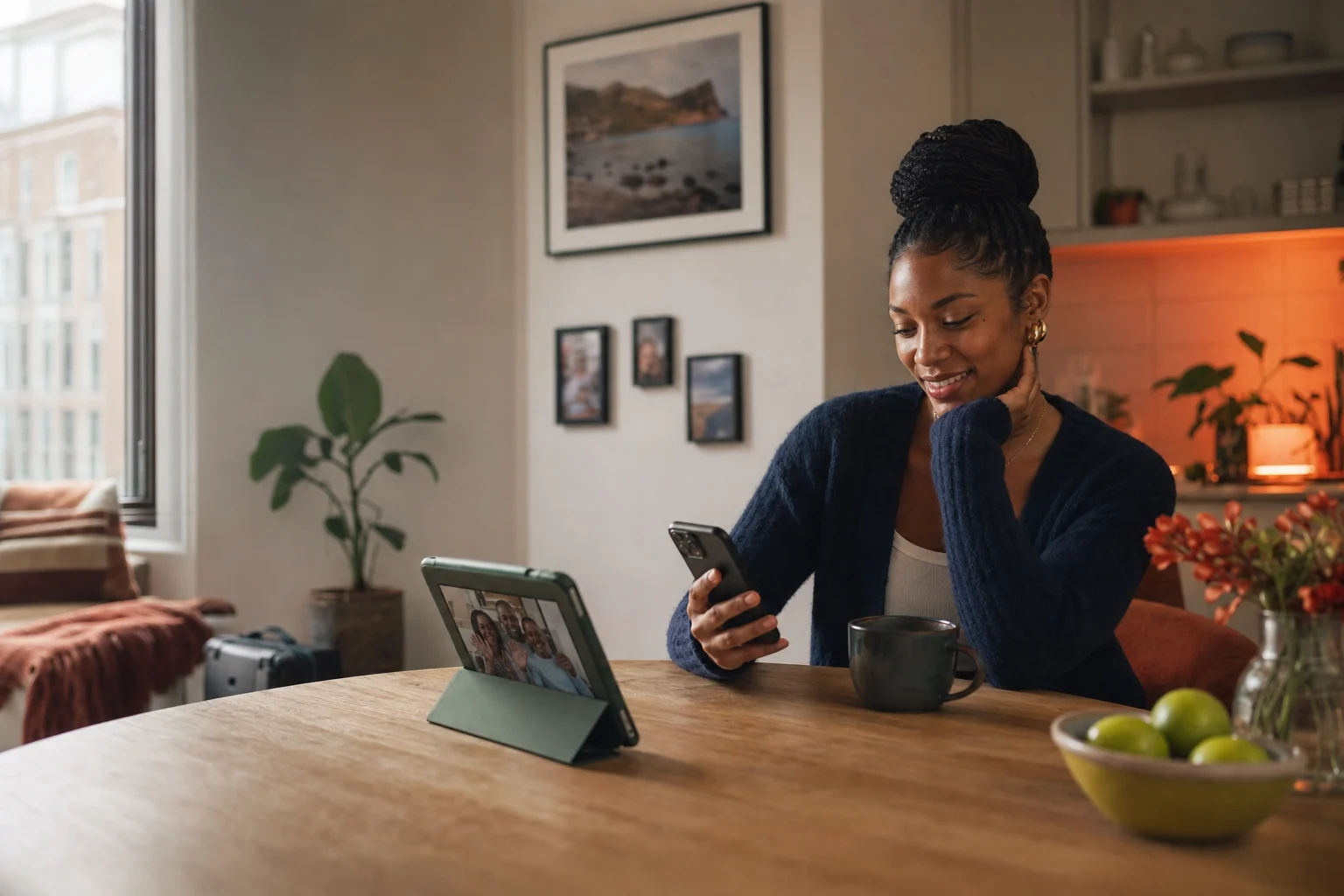 A woman comparing a transfer while video calling family from her home