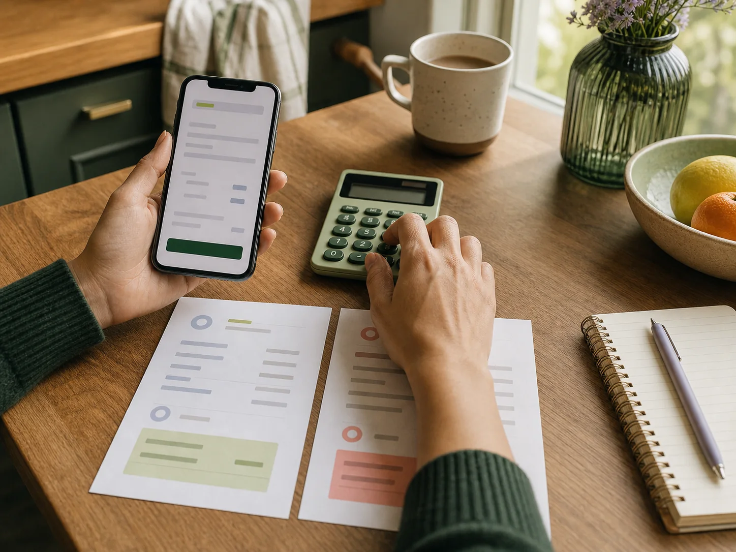 Hands comparing a transfer result on a phone with a calculator and two summaries